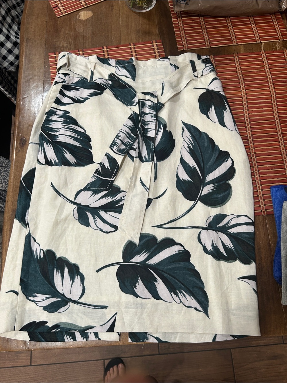 Ann Taylor Cream Midi Skirt with Dark Teal Leaf Print - Picture 3 of 7